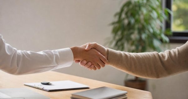 Two people shaking hands across a desk with a clipboard and notebooks