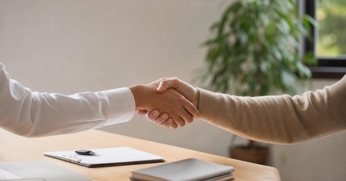 Two people shaking hands across a desk with a clipboard and notebooks