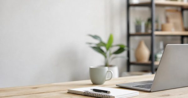 A laptop, notebook and coffee mug on a wooden desk in a bright office