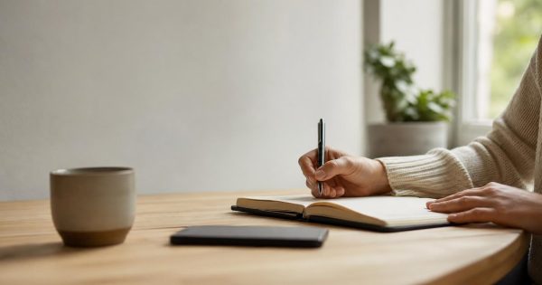 A person writing in a notebook at a wooden desk beside a phone and a coffee cup