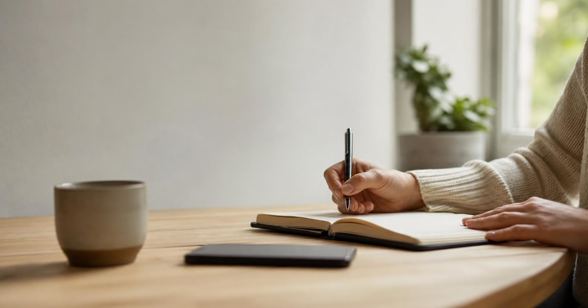 A person writing in a notebook at a wooden desk beside a phone and a coffee cup